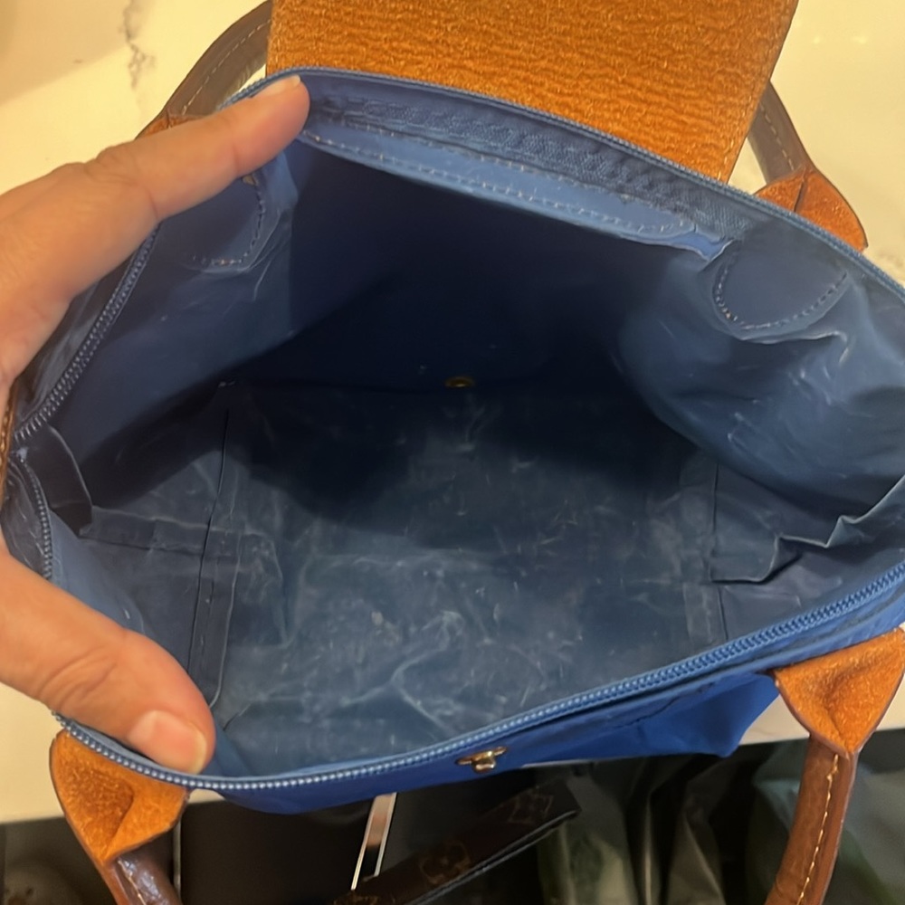 Small Longchamp Blue/Brown Nylon and Leather Le Pliage Tote - Picture 10 of 12